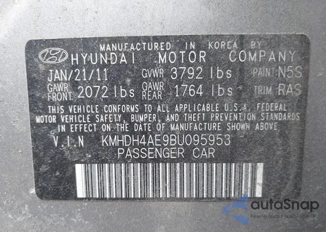2011 Hyundai Elantra Gls (Ulsan Plant) z USA, uszkodzony, nr VIN KMHDH4AE9BU095953